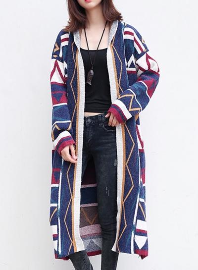 Oasap Open Front Long Sleeve Geometric Patterned Cardigan
