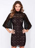 Oasap Stand Collar Flare Sleeve Hollowed Lace Dress