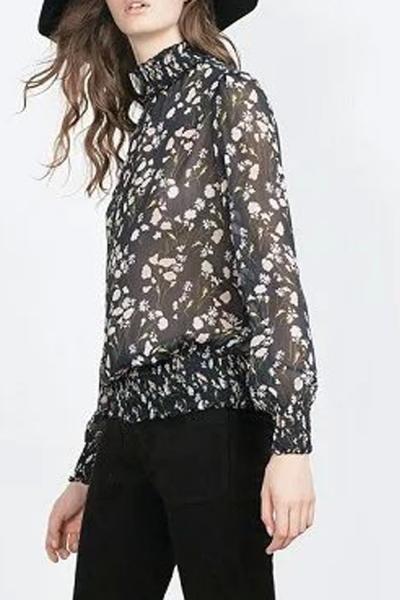 Oasap Stylish Floral Print High Neck Chiffon Blouse