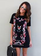 Oasap Short Sleeve Floral Embroidery Mini Pullover Dress
