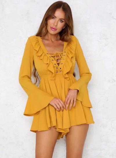 Oasap Summer Solid Long Flounce Sleeve V Neck Lace-up Women Short Jumpsuits