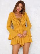 Oasap Summer Solid Long Flounce Sleeve V Neck Lace-up Women Short Jumpsuits
