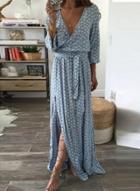Oasap V Neck Long Sleeve Geo Printed Maxi Dress With Belt