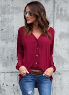 Oasap V Neck Long Sleeve Solid Color Button Down Shirt