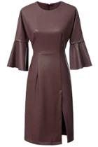 Oasap Vintage Pu Leather Flouncing Sleeve Slit Body-con Dress