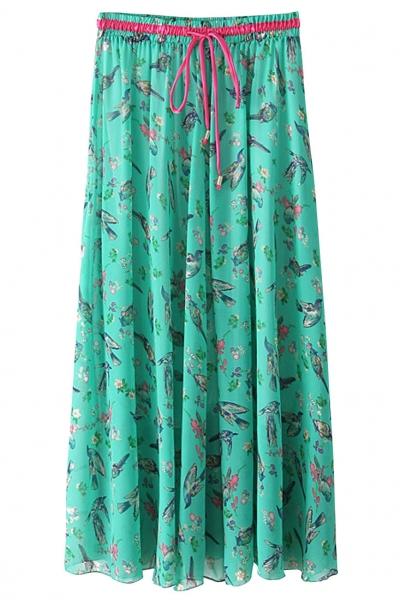 Oasap Demure Graphic Print Green Maxi Skirt