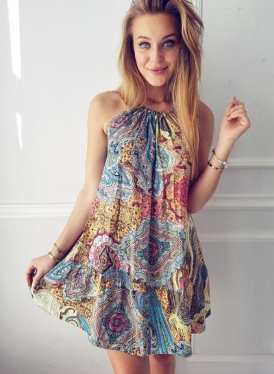 Oasap Printed Spaghetti Strap Sleeveless Loose Mini Dress