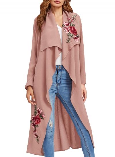 Oasap Long Sleeve Floral Embroidery Trench Coat With Belt