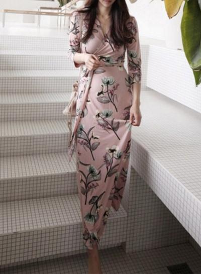 Oasap V Neck Wrap Waist Slit Floral Maxi Dress