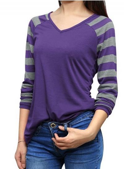 Oasap V Neck Long Sleeve Striped Splicing Tee Shirt