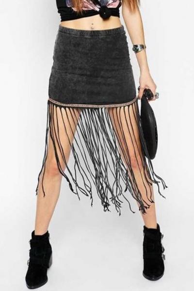 Oasap Pop Solid Tasseled Elastic Skirt
