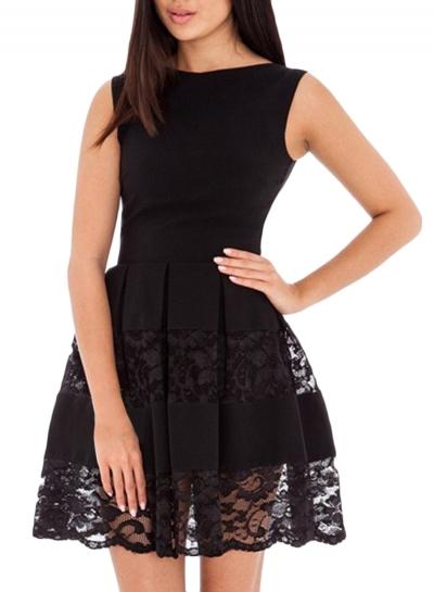 Oasap Women's Lace Paneled Round Neck Pleated A-line Dress