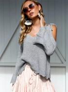 Oasap V Neck Off Shoulder Long Sleeve Pullover Sweater