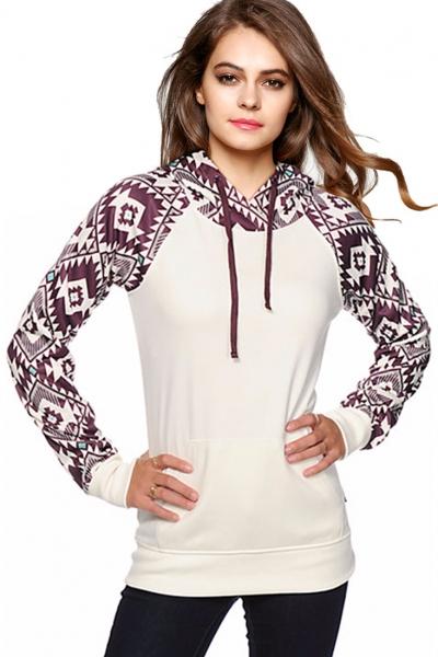Oasap Geometric Print Color Block Drawstring Hooded Sweatshirt