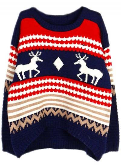 Oasap Christmas Elk Graphic Oversized Pullover Knit Sweater