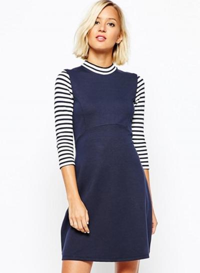 Oasap Women's Blue Striped Sleeve And High Neck Dress