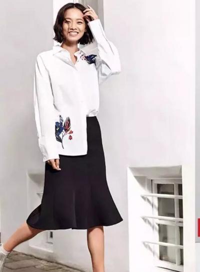 Oasap Fashion Flower Embroidery Shirt With Turn-down Collar