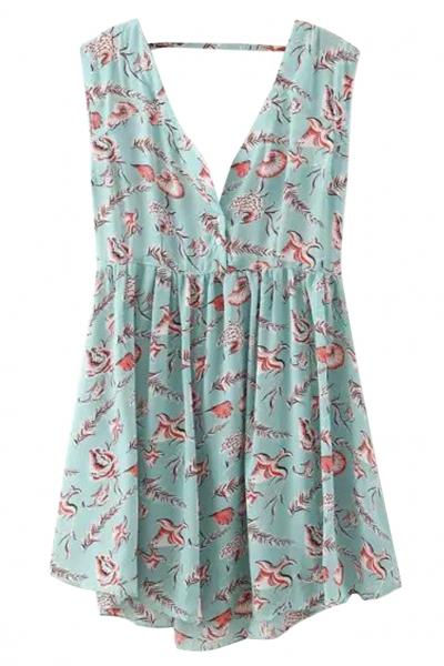 Oasap Back Cutout Green Floral Mini Dress