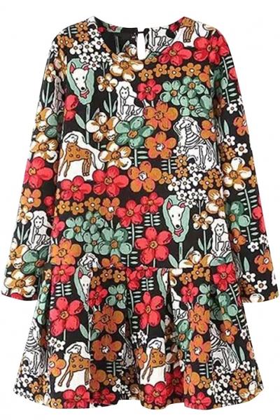Oasap Baroque Floral Printed Long Sleeve Dress