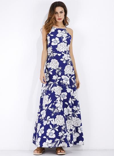 Oasap Sleeveless Halter Backless Floral Print Maxi Dress