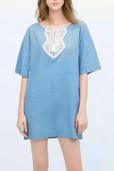Oasap Sweet Lace Paneled Denim A-line Dress