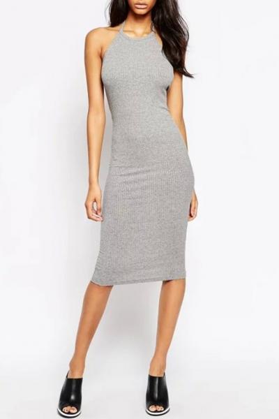 Oasap Hot Halter Neck Knitted Midi Dress