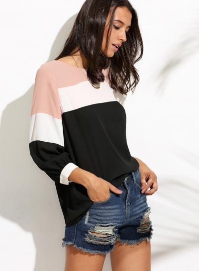 Oasap Round Neck Long Sleeve Color Splicing Chiffon Tee Shirt