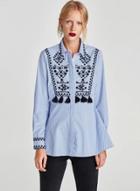 Oasap Geometric Embroidery Long Sleeve Fringe Button Down Striped Shirt