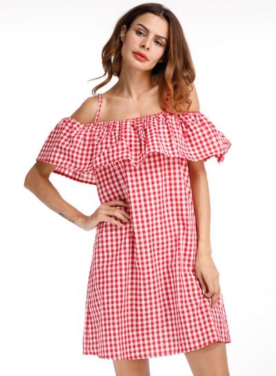 Oasap Flounced Off Shoulder Plaid Mini Dress