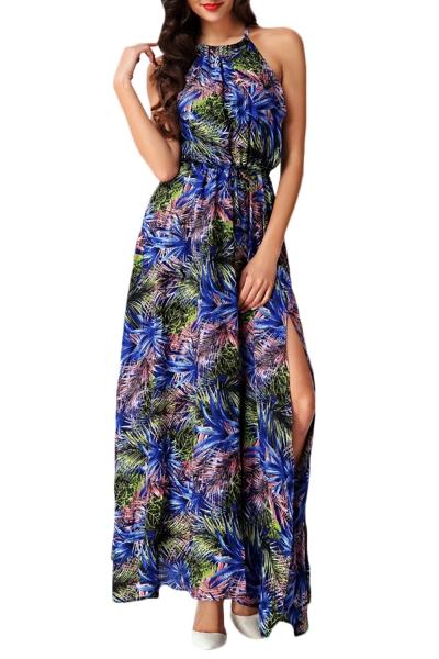 Oasap Women's Halter Tropical Rainforest Plants Print High Slit Maxi Dress