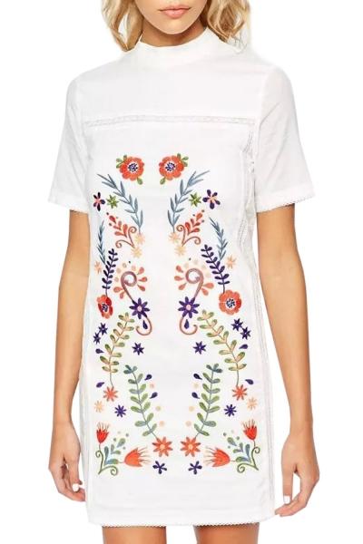 Oasap Women Sweet Floral Embroidery Print Mock Neck Shift Dress