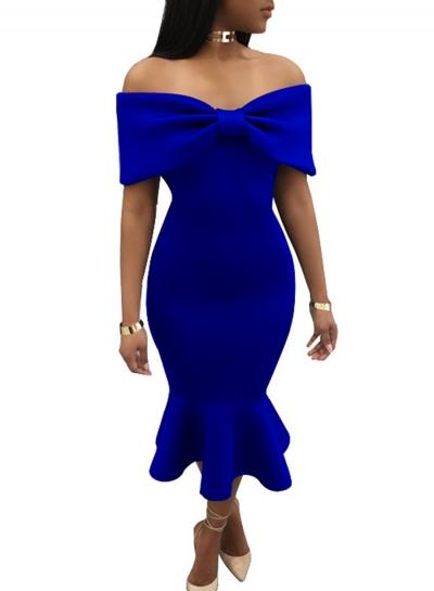 Oasap Solid Flounced Off The Shoulder Slash Neck Women Bodycon Dress With Bow