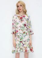 Oasap Ruffle Hem Floral Print Flare Sleeve Mini Dress