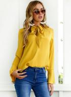 Oasap Solid Tie Collar Long Sleeve Pullover Blouse