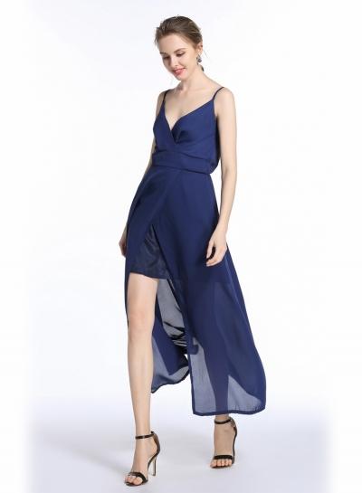Oasap Spaghetti Strap V Neck Sleeveless Solid Slit Maxi Dress