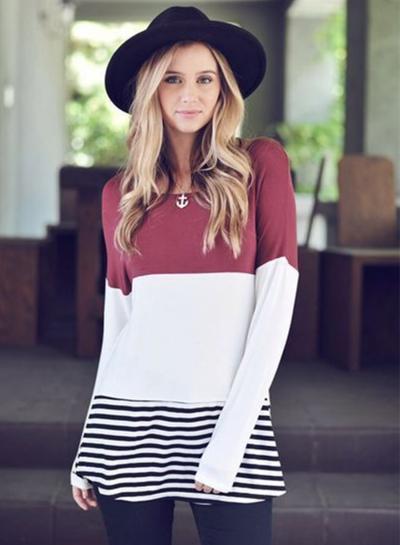 Oasap Fashion Long Sleeve Lace Panel Color Block Tee