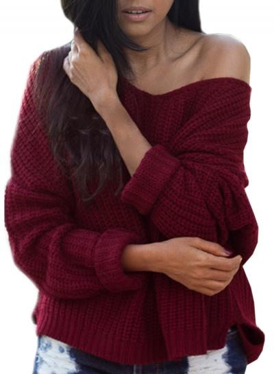 Oasap Women's Solid Color V Neck Batwing Sleeve Pullover Sweater