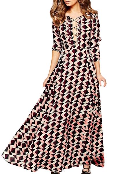 Oasap Women's Deep V Neck Lace Up Geometric Print Dress