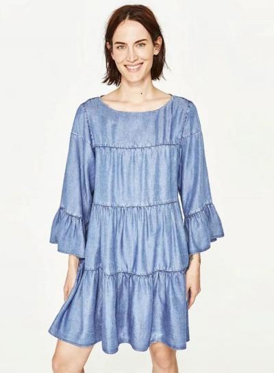 Oasap Solid 3/4 Sleeve Loose Ruffle Denim Dress