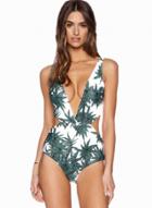 Oasap Deep V Neck Floral Printed One Piece Swimwear