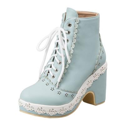 Oasap Lace Trim Round Toe Block Heels Boots