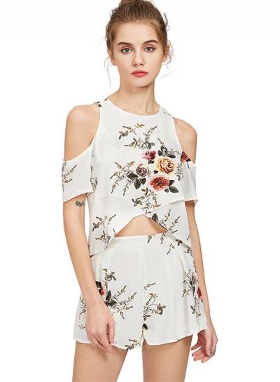 Oasap Floral Print Tee Shirt Shorts Set