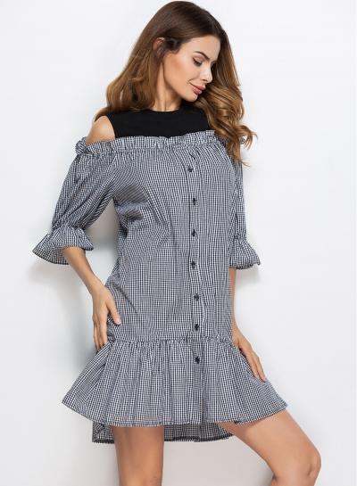 Oasap Off Shoulder Flounce Hem Plaid Dress