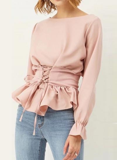 Oasap Fashion Lace-up Elastic Waist Ruffle Blouse