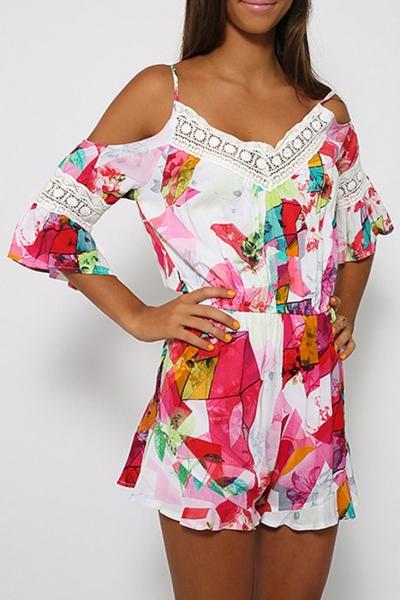 Oasap Abstract Geo Print Watercolor Cami Rompers