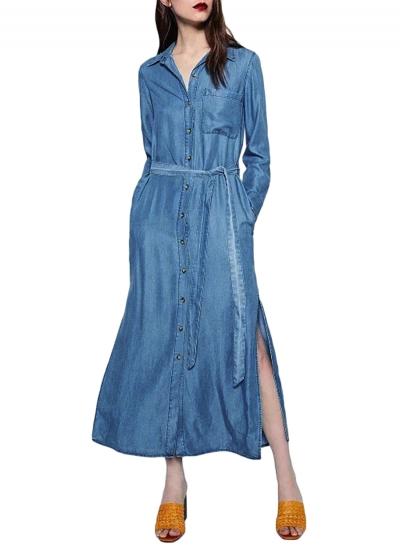 Oasap Women's Button Front Tie Waist Slit Denim Dress