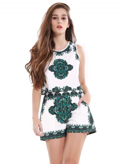 Oasap Vintage Pattern Print Blouse High Waist Shorts Set