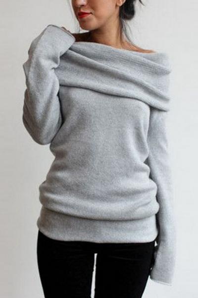Oasap Heathered Turtleneck Off-the-shoulder Knit Sweater