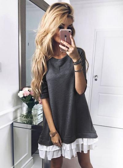 Oasap Casual Long Sleeve Loose Pleated Dress
