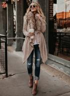 Oasap Open Front Faxu Fur Trim Irregualr Coat